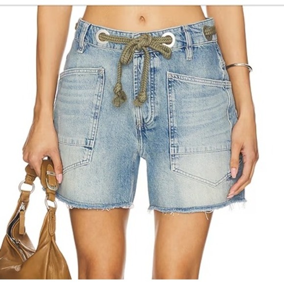 Free People Pants - Free People Moxie Denim Shorts 27 Light Wash High Rise Rope Belt Button Fly